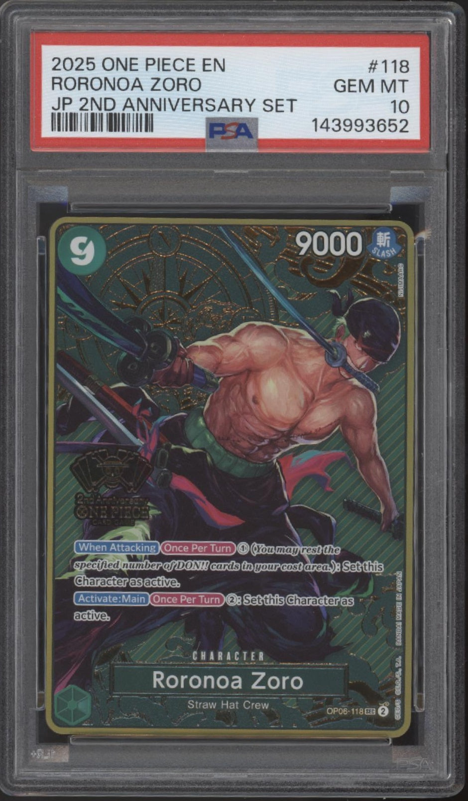 Roronoa Zoro One Piece Card Game JP 2nd Anniversary Set #118 PSA 10