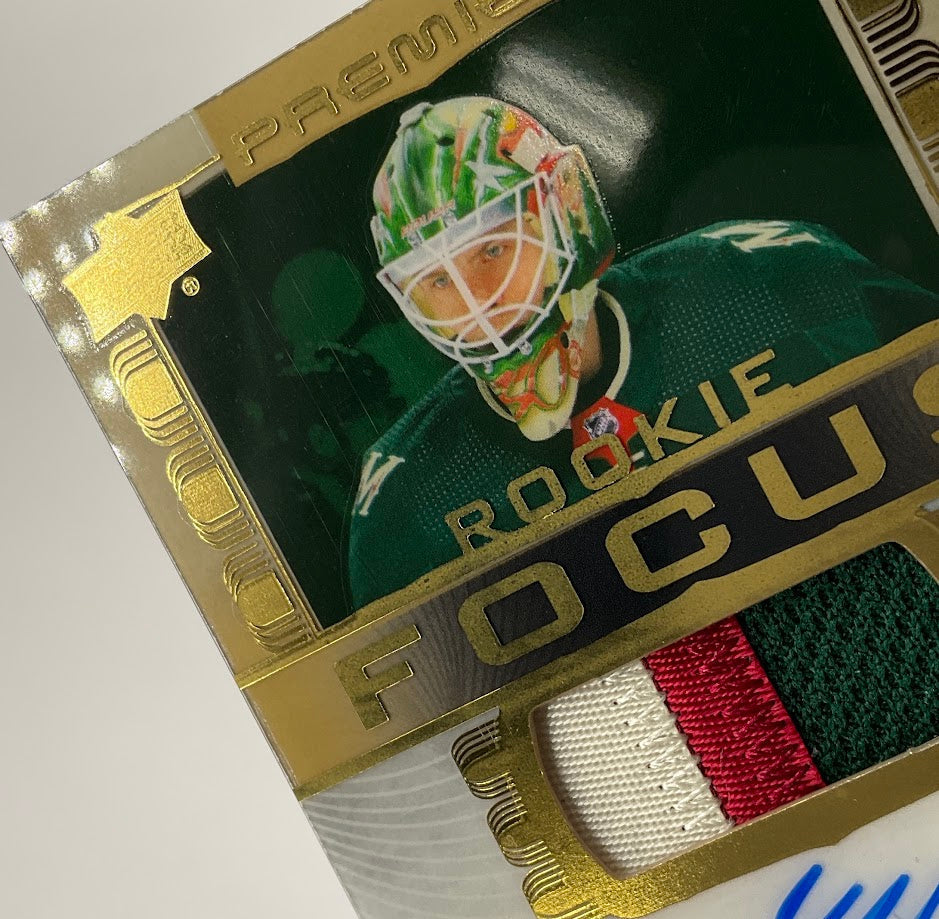 Jesper Wallstedt 2024-25 Upper Deck Premier Rookie Focus Swatch RC Auto 08/49