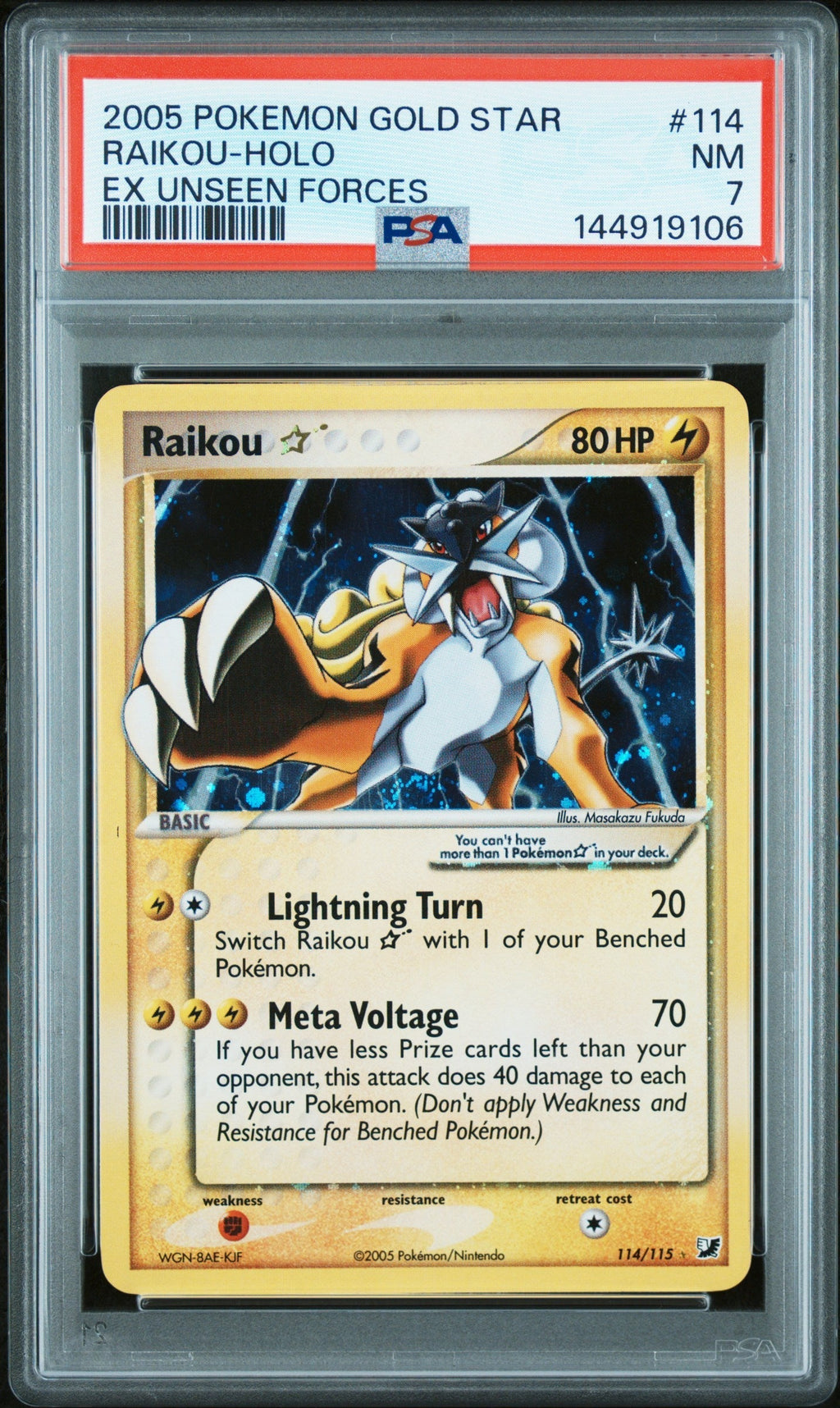 RAIKOU-HOLO EX UNSEEN FORCES 2005 POKEMON EX UNSEEN FORCES PSA NM 7