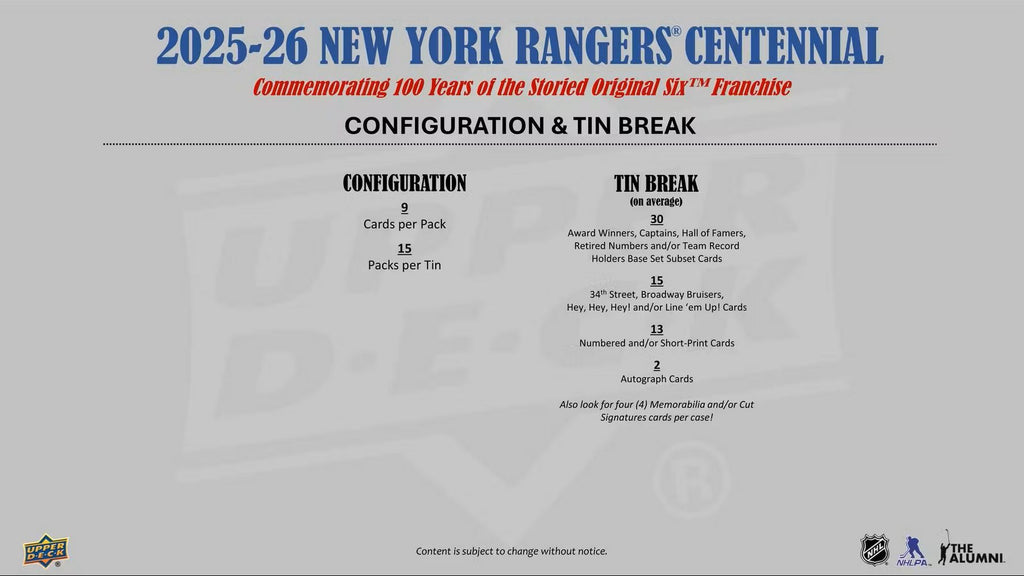 2025-26 Upper Deck New York Rangers Centennial Hobby Box *Contact Us To Order*
